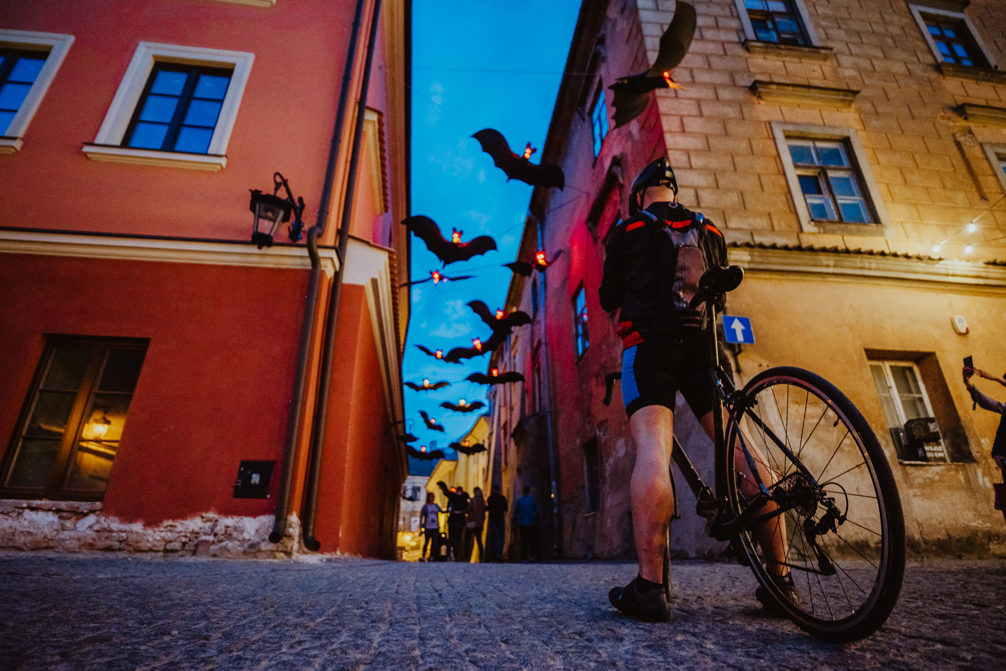 Zdjęcie przedstawia rowerzystę przed ulicą Dominikańską. Między kamienicami wiszą nietoperze ze świecącymi oczami.