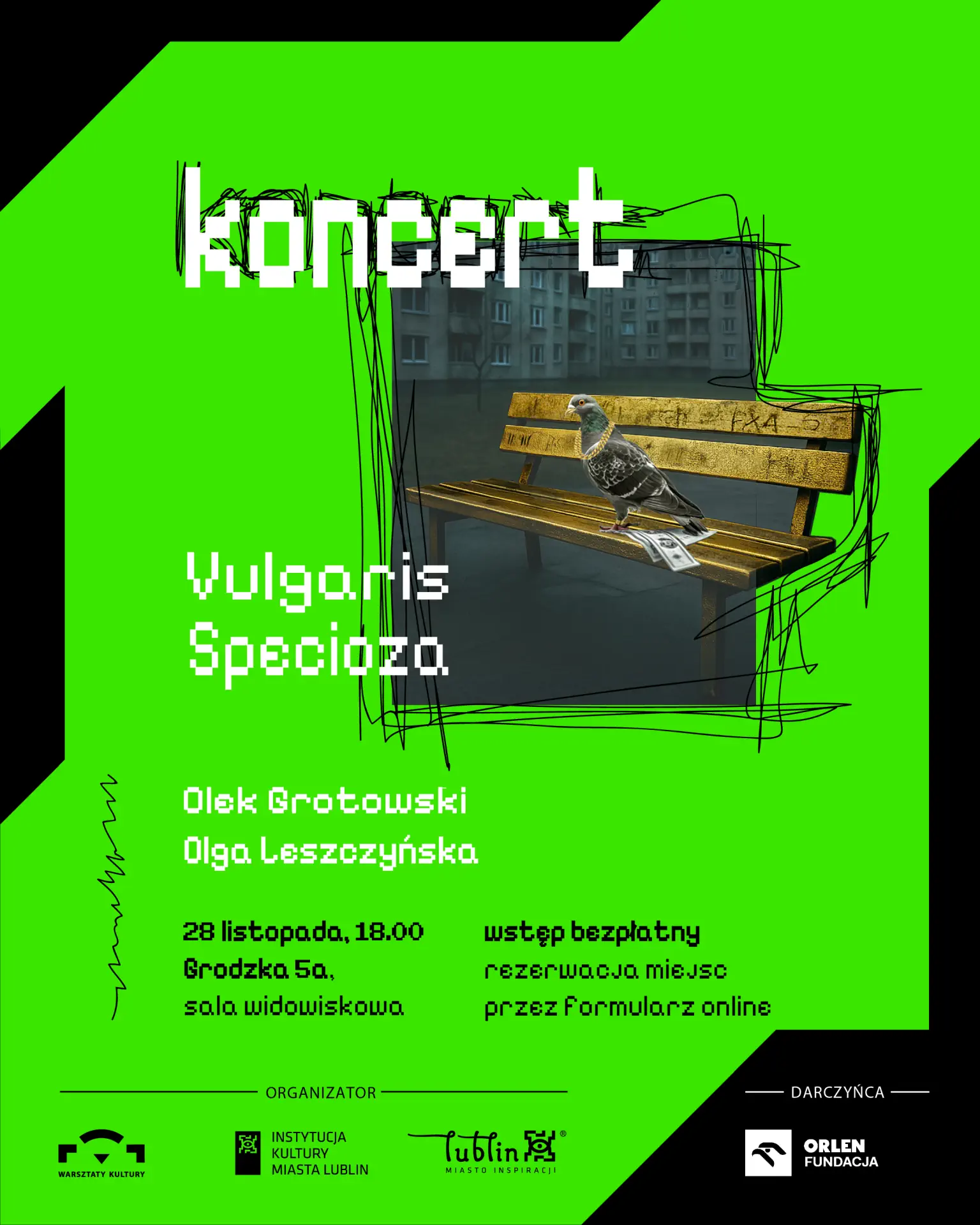 Grafika z gołębiem na ławce. Napis: Koncert Vulgaris Specioza. Olek Grotowski i Olga Leszczyńska.