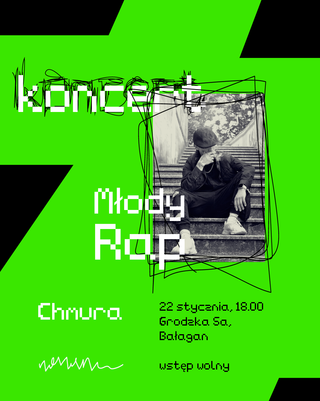 Grafika z chlopakiem na ławce. Napis: Koncert młody rap. Chmura.