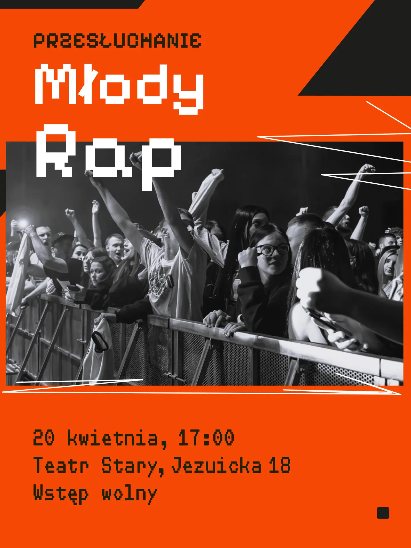 Grafika z napisem: Przesłuchanie Młody rap. Sprawdź.